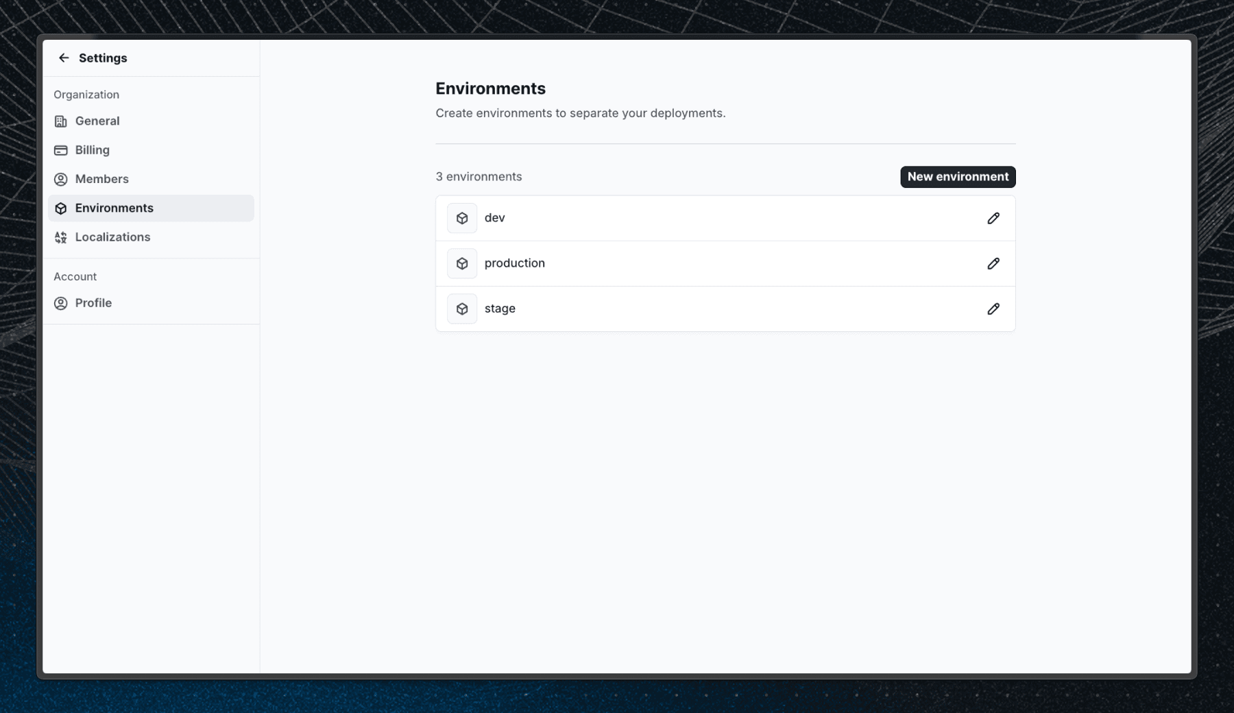 Environments list
