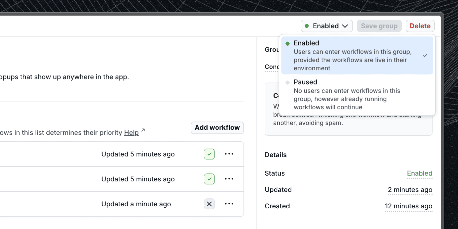 Image of pausing a group